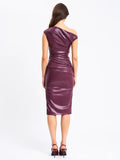 SABINA PURPLE LEATHER SLASH NECK MIDI DRESS