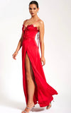 RUBY RED LACE UP HIGH SLIT SATIN DRESS