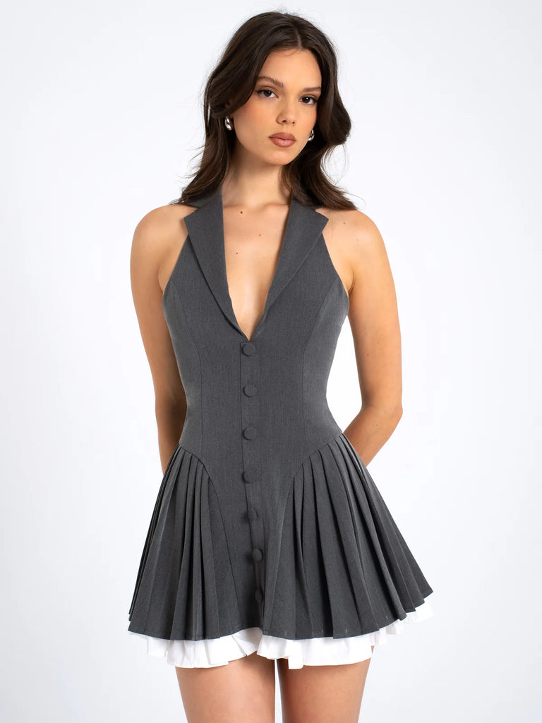 Hazel Brown Preppy Halter Neck Pleated Mini Dress