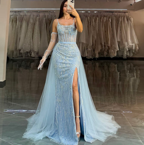 BEADED LIGHT BLUE GOWN & REMOVABLE TULLE OVERSKIRT