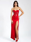 KADESHA RED CRYSTAL HIGH SLIT SATIN CORSET GOWN