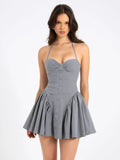 MELODY GRAY STRIPE HALTER DROP WAIST MINI DRESS