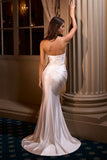 OFF WHITE PLEATED STRAPLESS FITTED SATIN GOWN