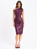 SABINA PURPLE LEATHER SLASH NECK MIDI DRESS