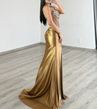 FITTED BEADED AND SATIN METALLIC GOWN