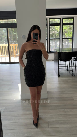 FAIRY BLACK SATIN SEQUIN PEARL BEADED MINI DRESS