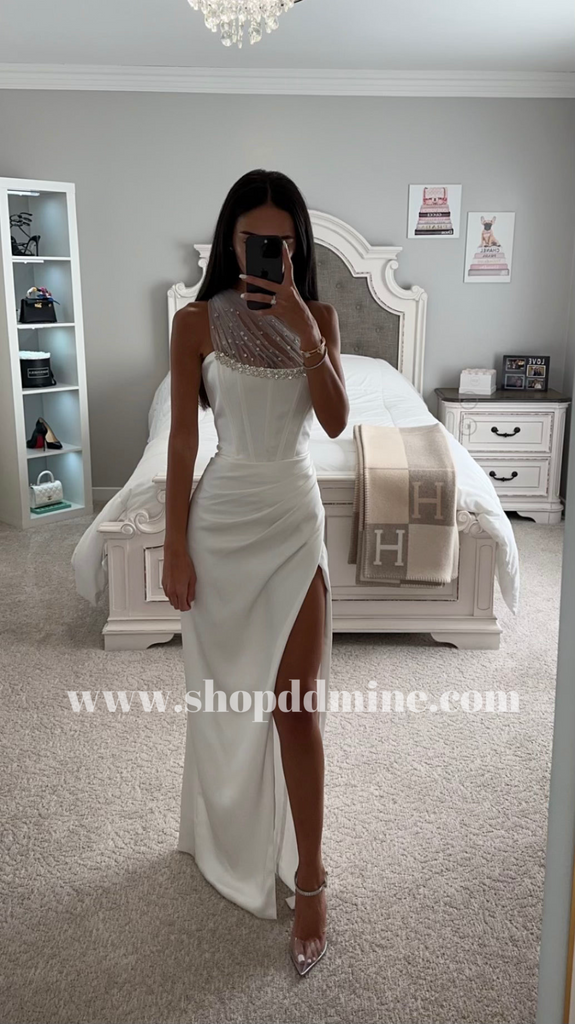 SCARLET WHITE CRYSTAL MESH SATIN GOWN – SHOP DDMINE