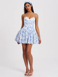 Taleah Blue Floral Print Linen Mini Dress with Lace Trim