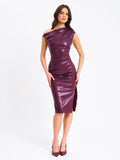 SABINA PURPLE LEATHER SLASH NECK MIDI DRESS