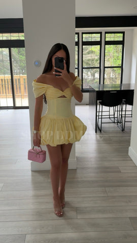 UMIKA BUTTER YELLOW BUBBLE HEM MINI DRESS
