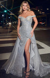 OFF SHOULDER FITTED GLITTER GOWN