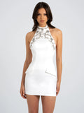 ORI WHITE HALTER NECK CRYSTAL PEARL MINI DRESS