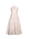 Zaina Yellow Pink Floral Print Lace Midi Dress