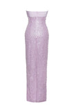 ROBE LONGUE EN SATIN VIOLET À PAILLETTES ET PERLES LAINEY