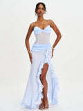 Lacy Blue Ruched Breast High Slit Chiffon Dress