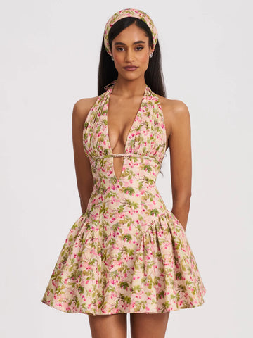 Mackenzie Green And Pink Floral Print Mini Dress