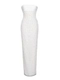 LAINEY WHITE SATIN SEQUIN PEARL BEADED MAXI DRESS