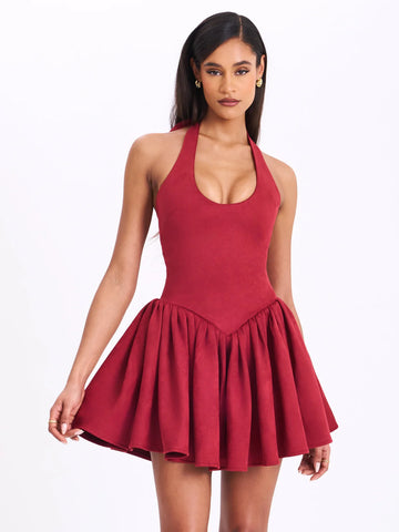 HADARA BURGUNDY SUEDE HALTER MINI DRESS
