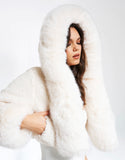 KAT WHITE CROPPED FAUX FUR JACKET WITH HOOD