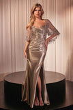 STRETCH SATIN FITTED GOWN WITH REMOVABLE LACE CAPLET