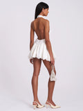 Idalia Pearl White Beaded Lace Trim Backless Halter Mini Dress