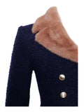 Wava Navy Blue Double Breast Fur Trim Cropped Boucle Wool Jacket