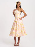 Zaina Yellow Pink Floral Print Lace Midi Dress
