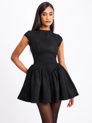 JACQUELINE BACKLESS BLACK PUFFY SUEDE MINI DRESS