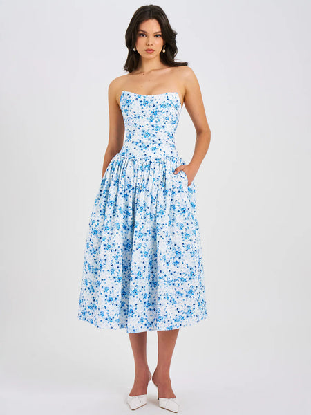 PALOMA BLUE PRINT LINEN CORSET DRAPING MIDI DRESS SHOP DDMINE