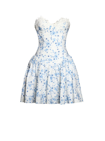 Taleah Blue Floral Print Linen Mini Dress with Lace Trim