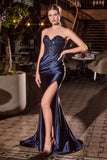 STRAPLESS FITTED SATIN & LACE GOWN