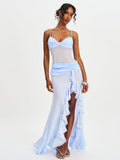 Lacy Blue Ruched Breast High Slit Chiffon Dress