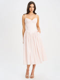 Zania Pink Stripe Ruched Breast Cotton Midi Dress