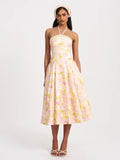 Zaina Yellow Pink Floral Print Lace Midi Dress