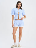 Qusayla Baby Blue Gingham Bubble Sleeve Bowtie Top