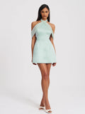 Light Cyan Halter Off-shoulder Backless Mini Dress