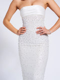 LAINEY WHITE SATIN SEQUIN PEARL BEADED MAXI DRESS