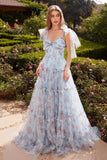 PRINTED FLORAL TULLE LAYERED GOWN