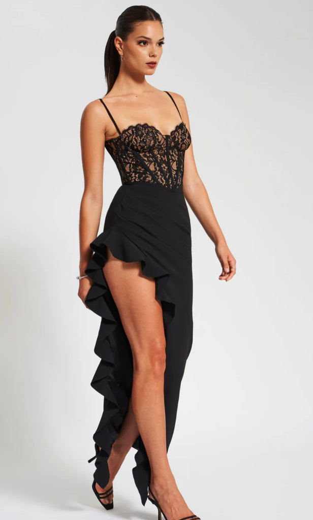 Black Lace Boned Corset + Lace Checkered Slip Dress