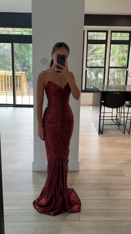 Sable Ruched Burgundy Glitter Mermaid Gown