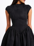 JACQUELINE BACKLESS BLACK PUFFY SUEDE MINI DRESS