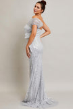 STRAPLESS RUFFLE SIDE SEQUIN GOWN
