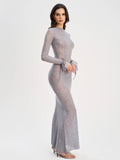 Waylynn Gray Animal Print Burnout Velvet Detail Mesh Backless Maxi Dress