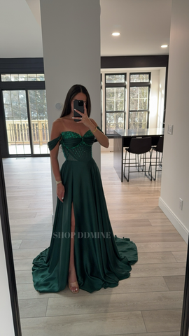 STRAPLESS BEADED SATIN A LINE GOWN