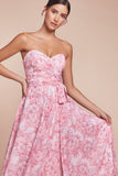 STRAPLESS A-LINE FLORAL SATIN DRESS