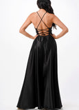 SPAGHETTI STRAP SATIN A LINE GOWN