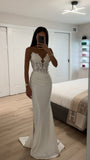 OFF WHITE STRAPLESS LACE DEEP V FITTED GOWN