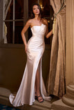 OFF WHITE PLEATED STRAPLESS FITTED SATIN GOWN