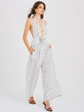 Oriana White Polka Dots Halter Jumpsuit