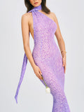 PURPLE VELVET ANIMAL PRINT MESH HALTER NECK MAXI DRESS